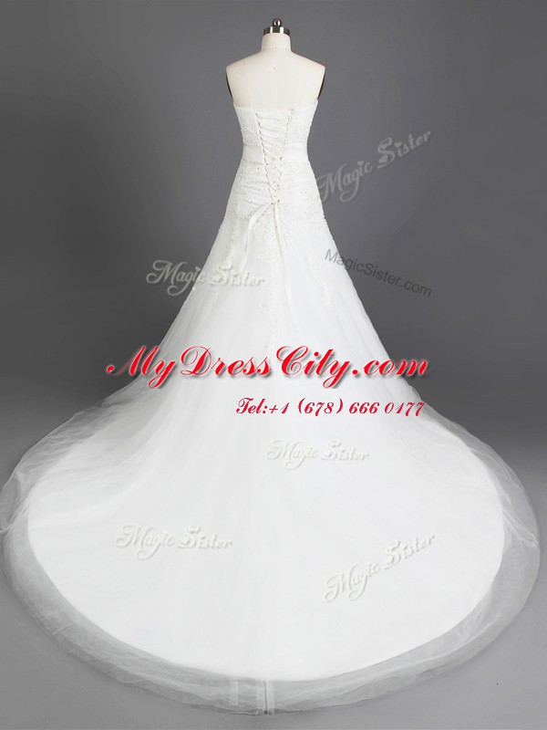 Nice Beading and Lace and Appliques Bridal Gown White Lace Up Sleeveless With Train Court Train