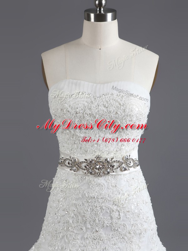 Nice Beading and Lace and Appliques Bridal Gown White Lace Up Sleeveless With Train Court Train