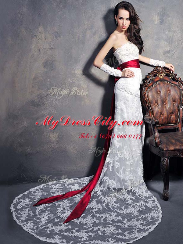 Gorgeous With Train Column/Sheath Sleeveless White Wedding Gown Brush Train Lace Up