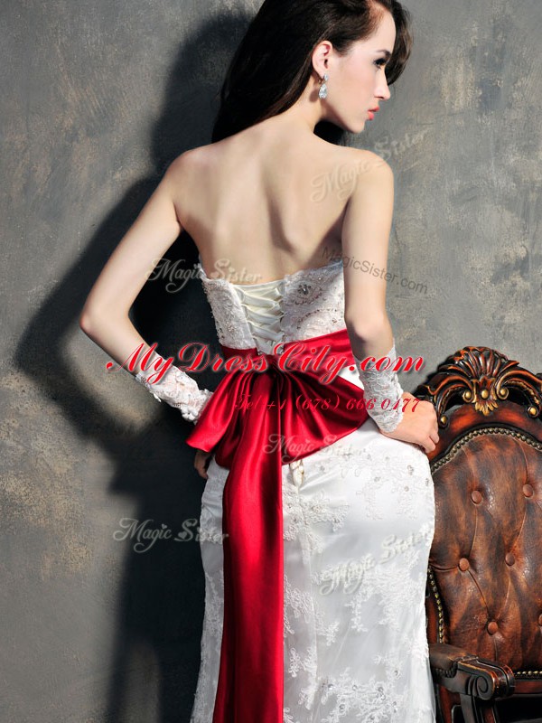 Gorgeous With Train Column/Sheath Sleeveless White Wedding Gown Brush Train Lace Up