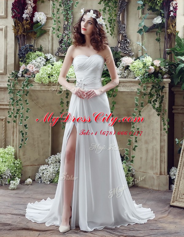 Spectacular Lace Up Wedding Dress White for Wedding Party with Beading and Ruching Brush Train