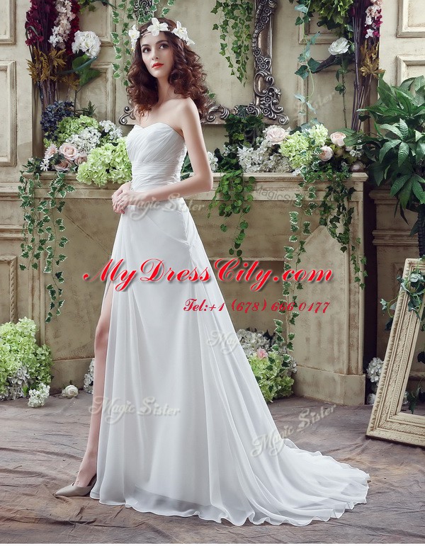 Spectacular Lace Up Wedding Dress White for Wedding Party with Beading and Ruching Brush Train