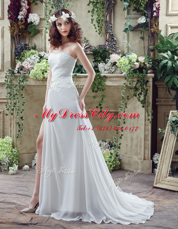 Spectacular Lace Up Wedding Dress White for Wedding Party with Beading and Ruching Brush Train