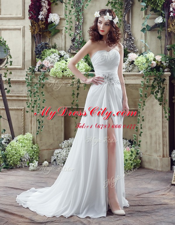 Spectacular Lace Up Wedding Dress White for Wedding Party with Beading and Ruching Brush Train