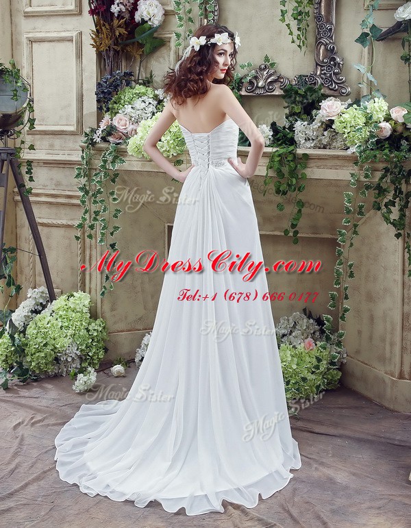 Spectacular Lace Up Wedding Dress White for Wedding Party with Beading and Ruching Brush Train