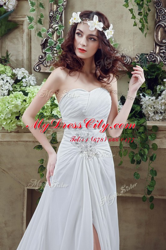 Spectacular Lace Up Wedding Dress White for Wedding Party with Beading and Ruching Brush Train