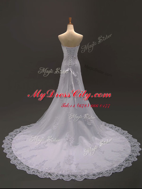 Sleeveless With Train Beading and Lace and Appliques and Bowknot Lace Up Wedding Gown with White Brush Train