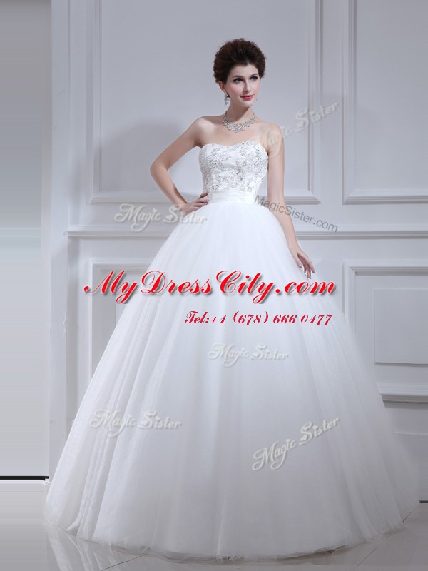 White Sleeveless Beading and Appliques Floor Length Wedding Gowns