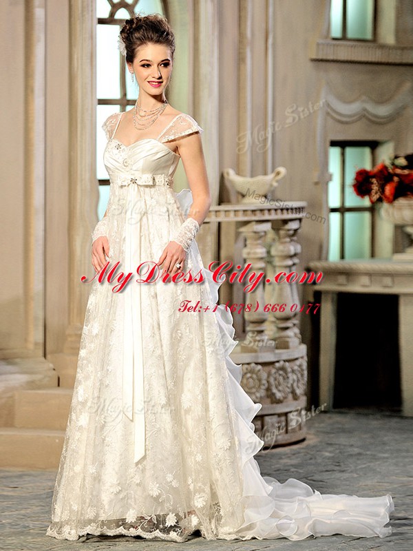 Glorious Brush Train Empire Wedding Dresses White Sweetheart Organza Cap Sleeves With Train Lace Up