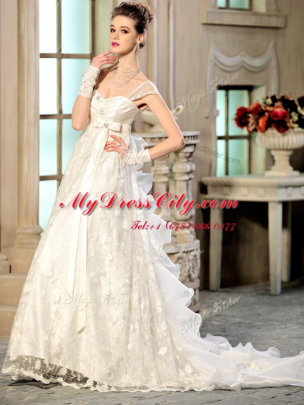 Glorious Brush Train Empire Wedding Dresses White Sweetheart Organza Cap Sleeves With Train Lace Up