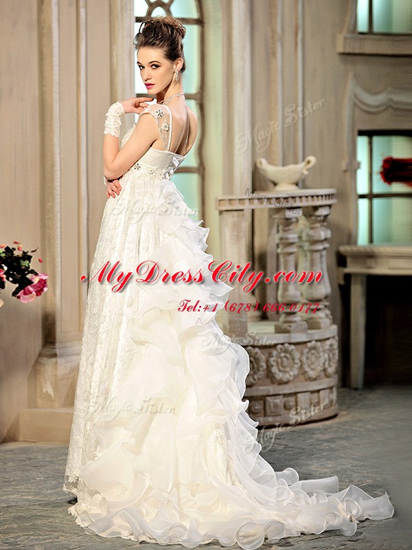 Glorious Brush Train Empire Wedding Dresses White Sweetheart Organza Cap Sleeves With Train Lace Up