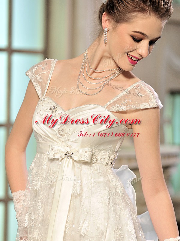 Glorious Brush Train Empire Wedding Dresses White Sweetheart Organza Cap Sleeves With Train Lace Up