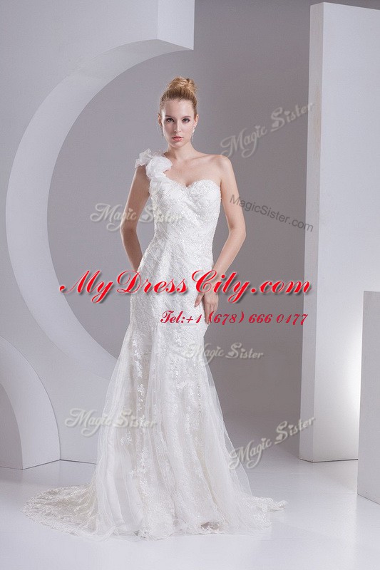 Fabulous Mermaid One Shoulder Sleeveless Brush Train Zipper Lace and Appliques Wedding Gowns