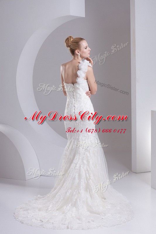 Fabulous Mermaid One Shoulder Sleeveless Brush Train Zipper Lace and Appliques Wedding Gowns