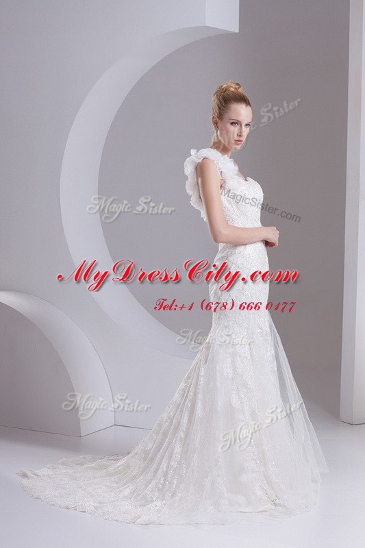 Fabulous Mermaid One Shoulder Sleeveless Brush Train Zipper Lace and Appliques Wedding Gowns