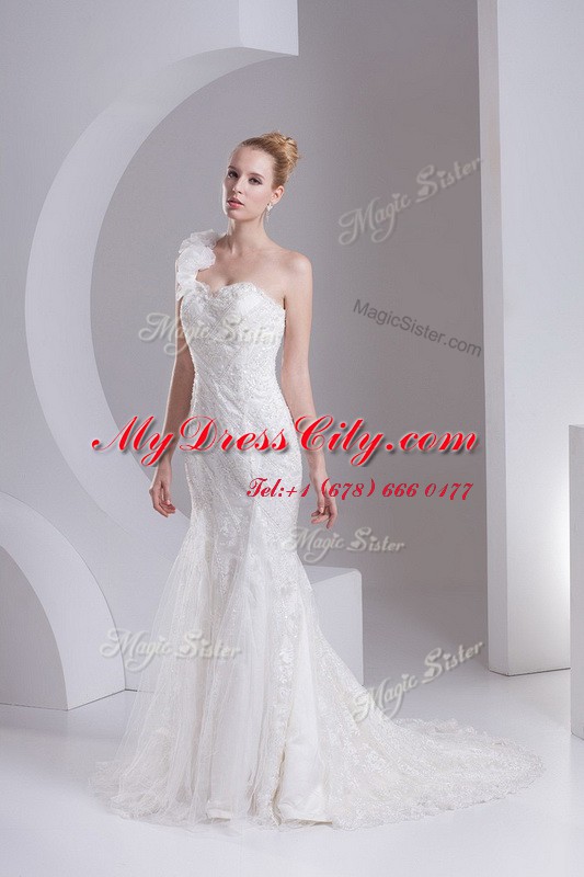 Fabulous Mermaid One Shoulder Sleeveless Brush Train Zipper Lace and Appliques Wedding Gowns