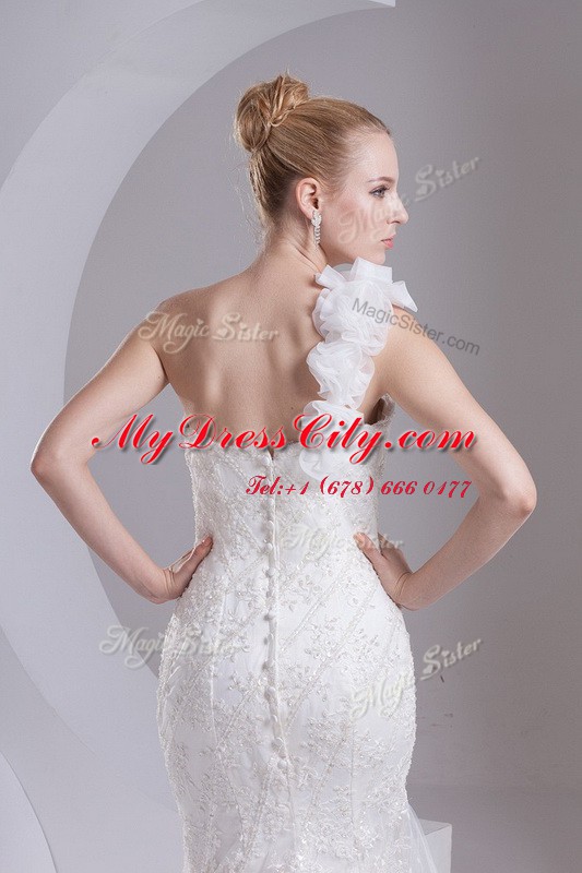 Fabulous Mermaid One Shoulder Sleeveless Brush Train Zipper Lace and Appliques Wedding Gowns