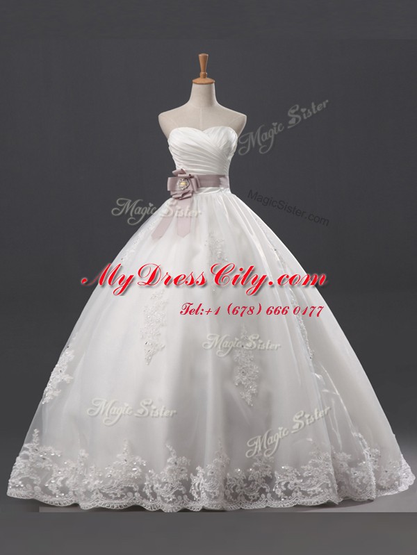 Gorgeous Sequins White Sleeveless Floor Length Lace and Appliques and Ruching and Belt Lace Up Wedding Dress