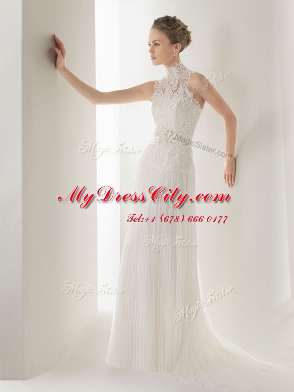 Halter Top Sleeveless Chiffon Wedding Gown Lace and Belt Brush Train Clasp Handle