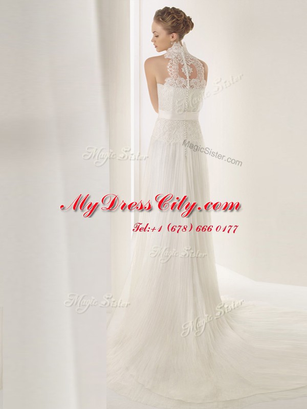 Halter Top Sleeveless Chiffon Wedding Gown Lace and Belt Brush Train Clasp Handle