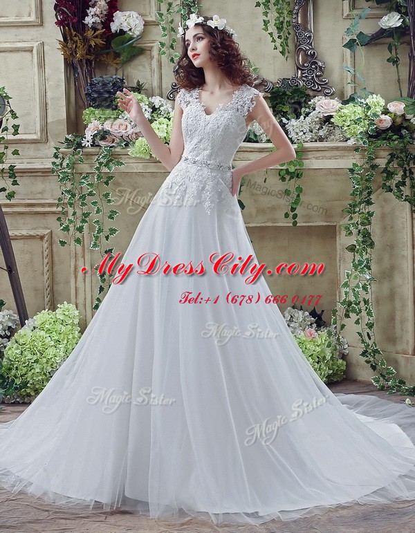 Artistic White Tulle and Lace Clasp Handle V-neck Long Sleeves Bridal Gown Court Train Lace and Appliques