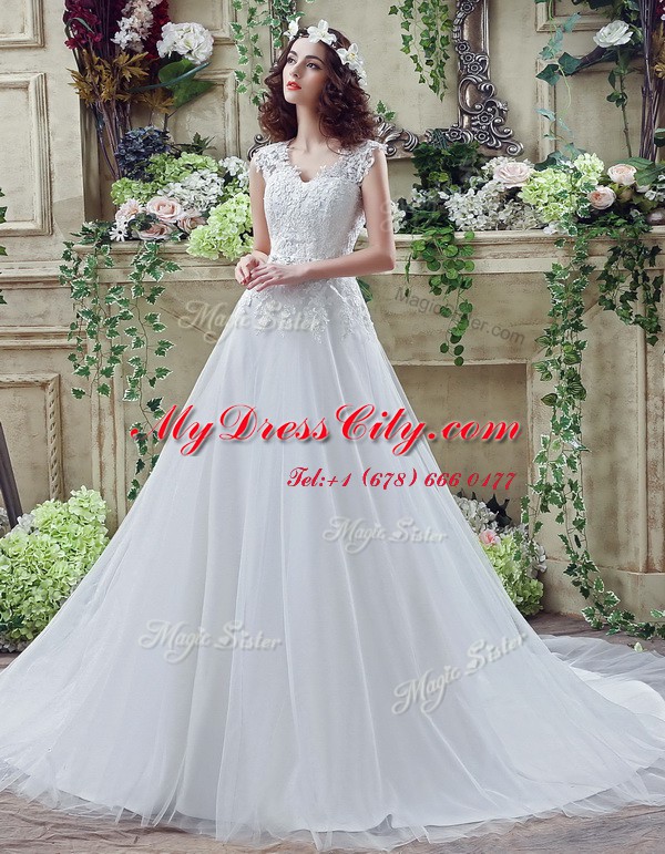 Artistic White Tulle and Lace Clasp Handle V-neck Long Sleeves Bridal Gown Court Train Lace and Appliques