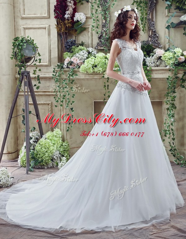 Artistic White Tulle and Lace Clasp Handle V-neck Long Sleeves Bridal Gown Court Train Lace and Appliques