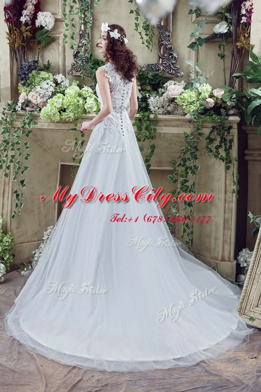 Artistic White Tulle and Lace Clasp Handle V-neck Long Sleeves Bridal Gown Court Train Lace and Appliques