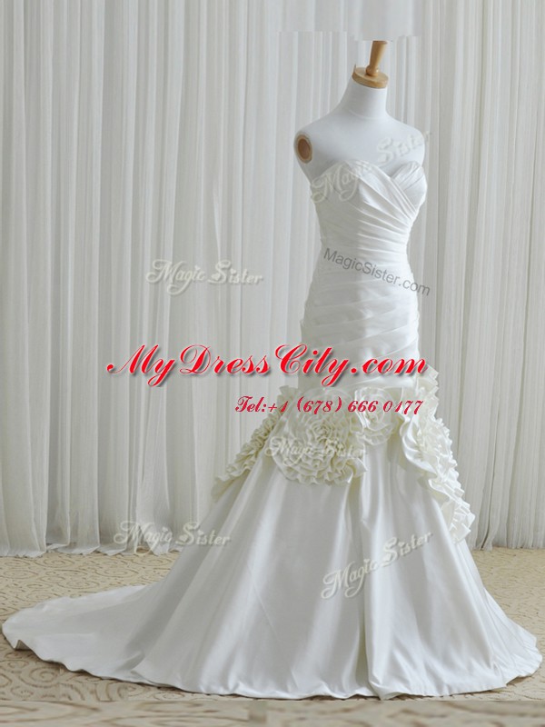 Sophisticated Mermaid White Zipper Sweetheart Ruching and Hand Made Flower Wedding Gowns Taffeta Sleeveless Brush Train