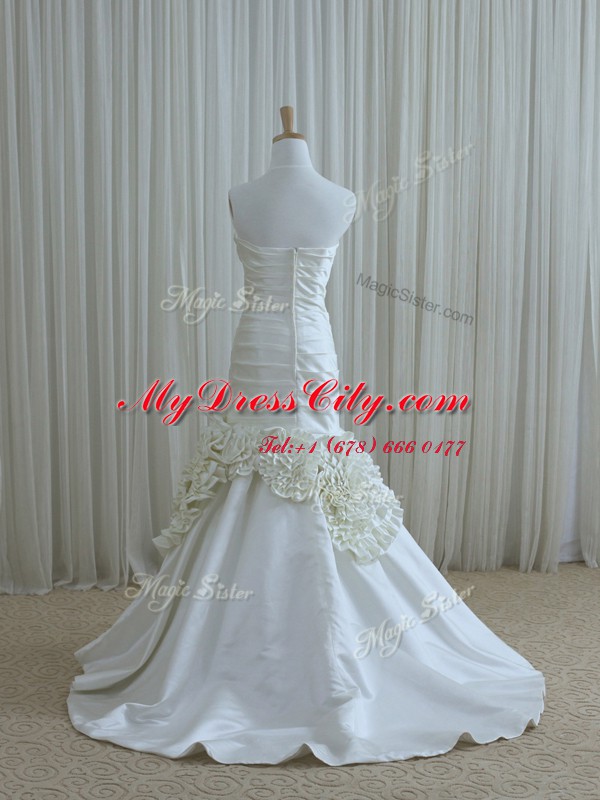 Sophisticated Mermaid White Zipper Sweetheart Ruching and Hand Made Flower Wedding Gowns Taffeta Sleeveless Brush Train