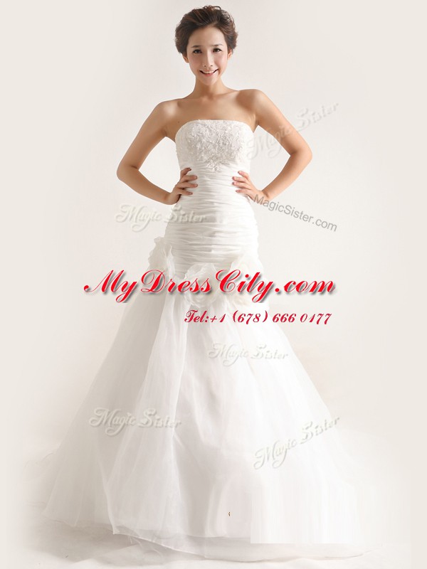 Strapless Sleeveless Tulle Wedding Gown Lace and Ruching and Hand Made Flower Sweep Train Zipper