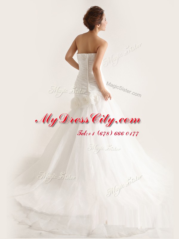 Strapless Sleeveless Tulle Wedding Gown Lace and Ruching and Hand Made Flower Sweep Train Zipper