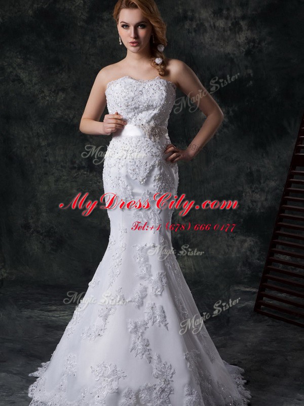 Mermaid Lace Up Bridal Gown White for Wedding Party with Beading and Appliques and Bowknot and Belt Brush Train