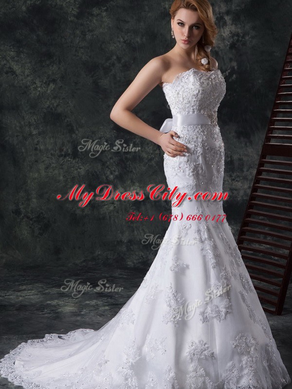 Mermaid Lace Up Bridal Gown White for Wedding Party with Beading and Appliques and Bowknot and Belt Brush Train