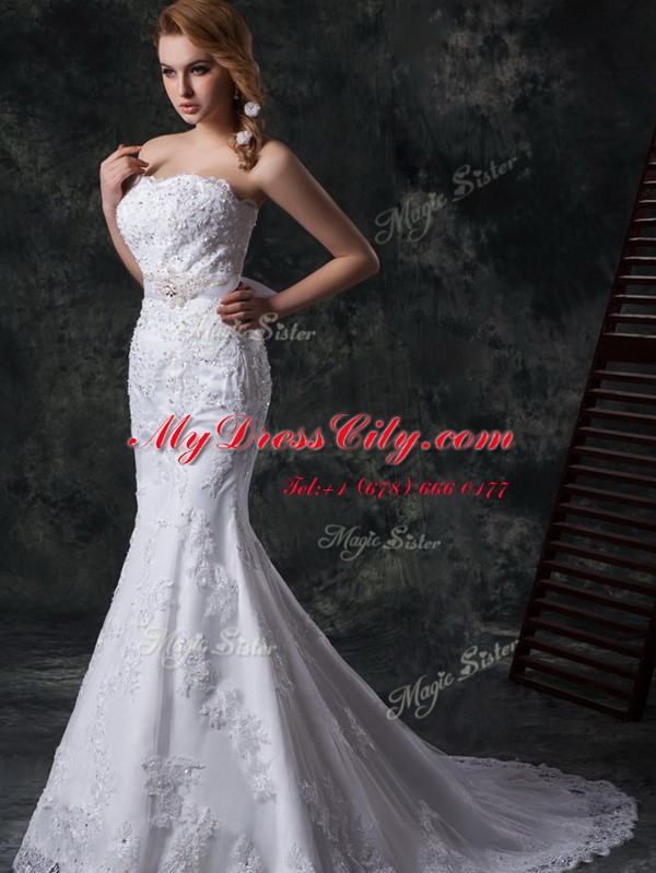 Mermaid Lace Up Bridal Gown White for Wedding Party with Beading and Appliques and Bowknot and Belt Brush Train