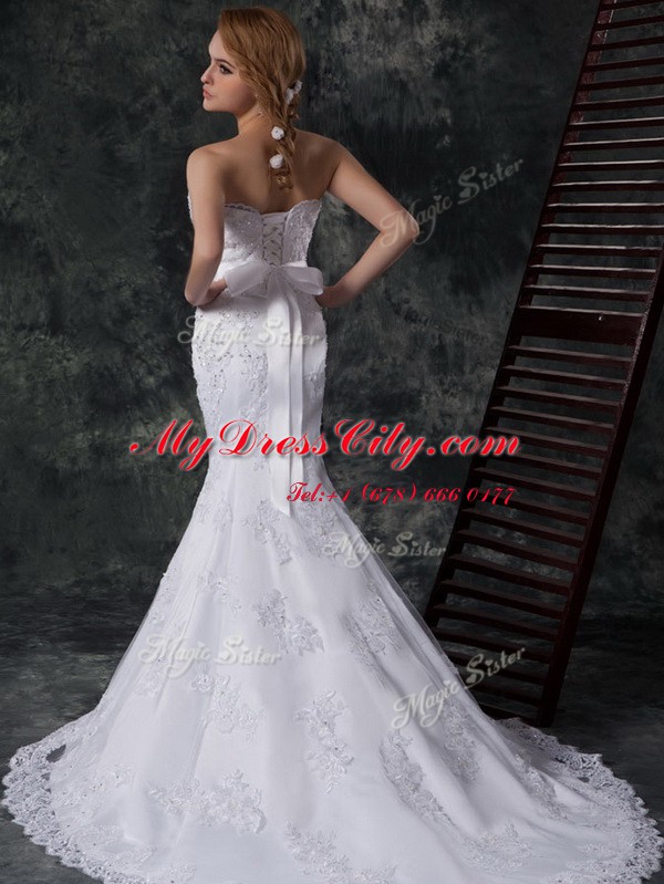 Mermaid Lace Up Bridal Gown White for Wedding Party with Beading and Appliques and Bowknot and Belt Brush Train