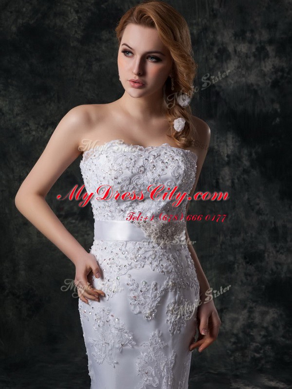 Mermaid Lace Up Bridal Gown White for Wedding Party with Beading and Appliques and Bowknot and Belt Brush Train