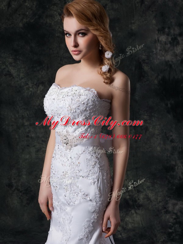 Mermaid Lace Up Bridal Gown White for Wedding Party with Beading and Appliques and Bowknot and Belt Brush Train