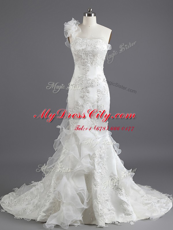 Mermaid White Satin Lace Up Bridal Gown Sleeveless With Train Chapel Train Beading and Appliques and Ruffles