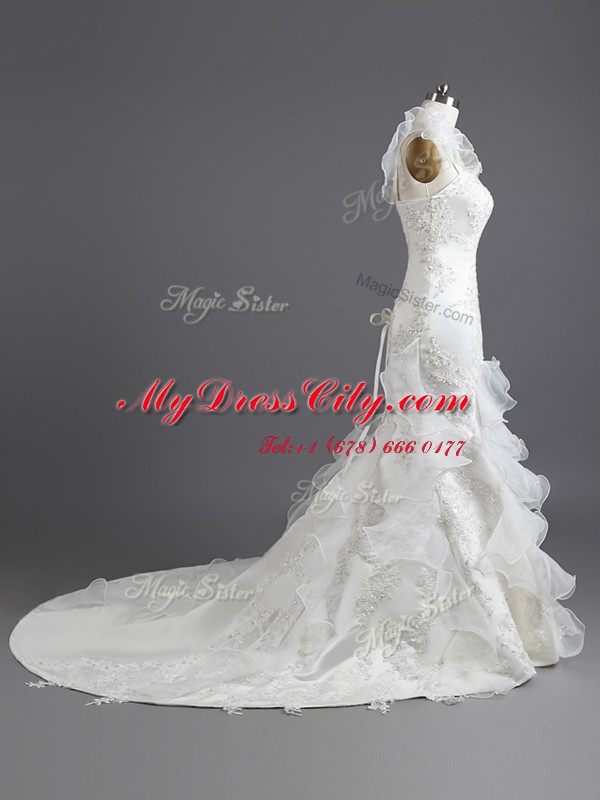 Mermaid White Satin Lace Up Bridal Gown Sleeveless With Train Chapel Train Beading and Appliques and Ruffles