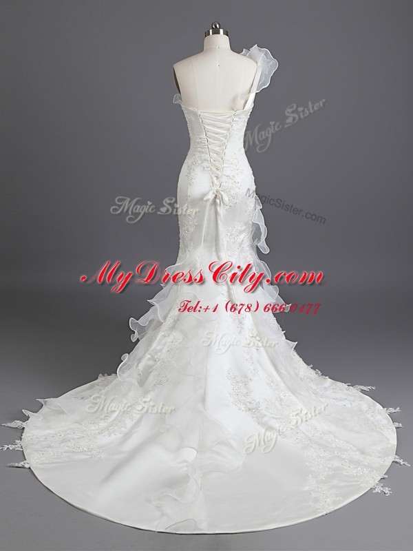 Mermaid White Satin Lace Up Bridal Gown Sleeveless With Train Chapel Train Beading and Appliques and Ruffles