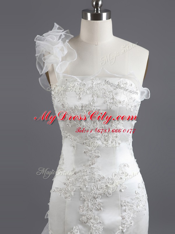 Mermaid White Satin Lace Up Bridal Gown Sleeveless With Train Chapel Train Beading and Appliques and Ruffles