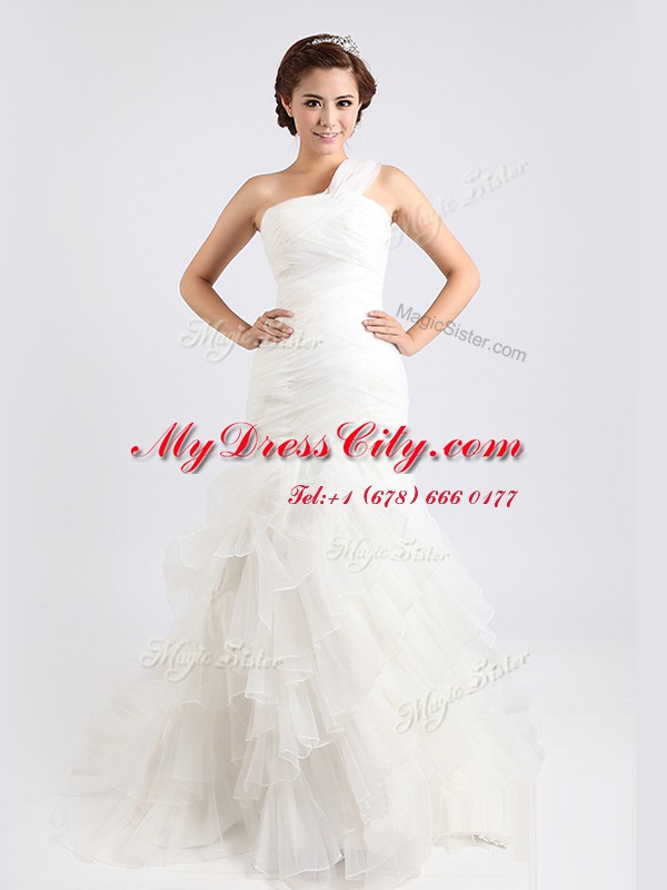 High Class Mermaid One Shoulder Sleeveless Organza Bridal Gown Ruffled Layers Brush Train Zipper