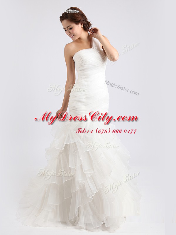 High Class Mermaid One Shoulder Sleeveless Organza Bridal Gown Ruffled Layers Brush Train Zipper