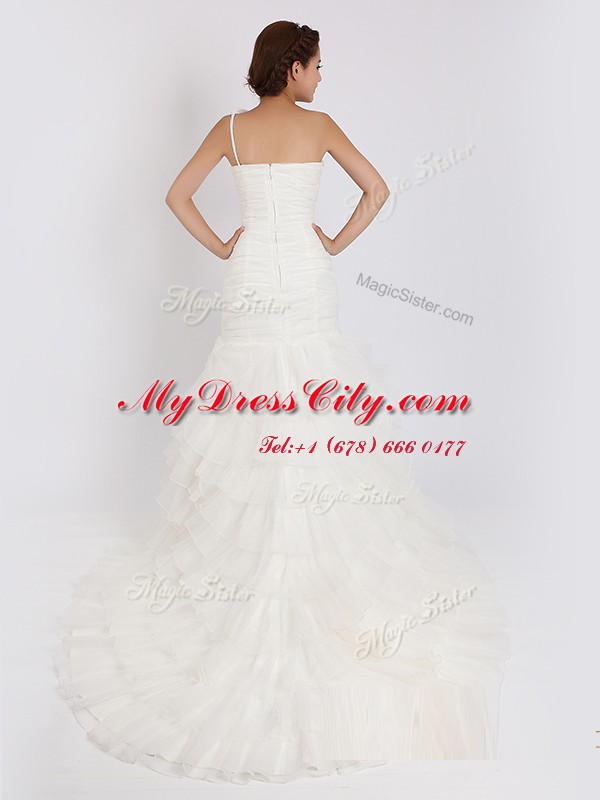 High Class Mermaid One Shoulder Sleeveless Organza Bridal Gown Ruffled Layers Brush Train Zipper