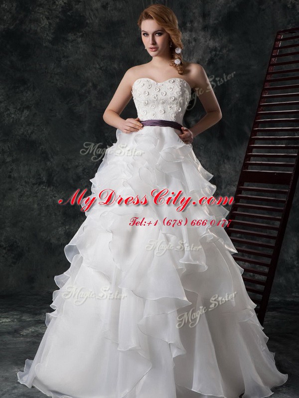 Amazing Organza Sleeveless Wedding Gowns Brush Train and Ruffled Layers