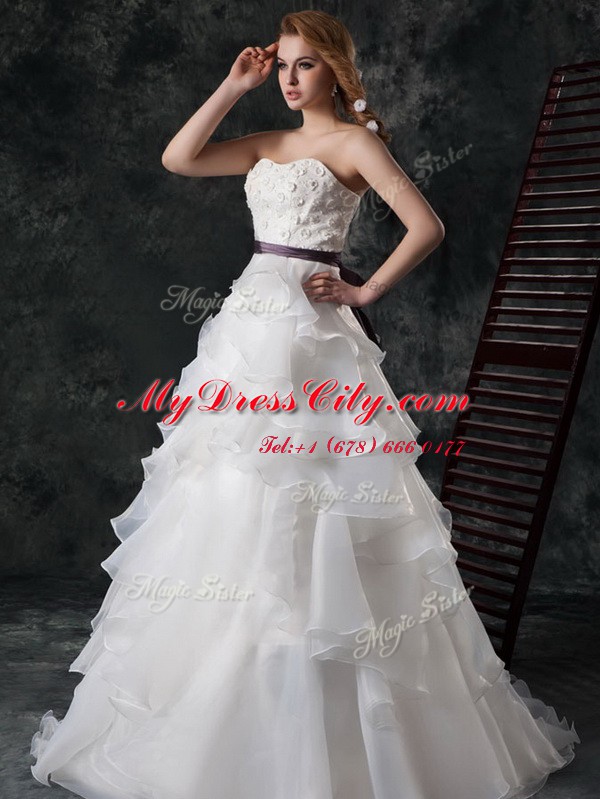 Amazing Organza Sleeveless Wedding Gowns Brush Train and Ruffled Layers