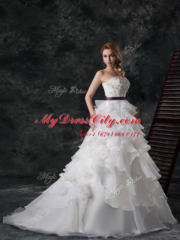 Amazing Organza Sleeveless Wedding Gowns Brush Train and Ruffled Layers