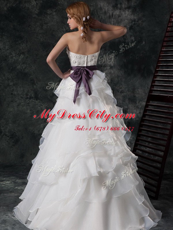 Amazing Organza Sleeveless Wedding Gowns Brush Train and Ruffled Layers