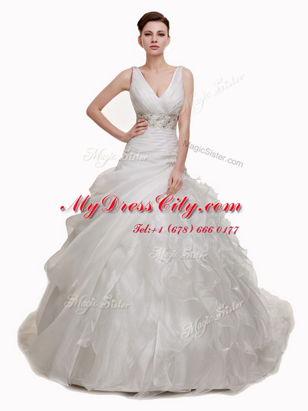 With Train White Wedding Dress Organza Court Train Sleeveless Beading and Appliques and Ruffles and Pick Ups